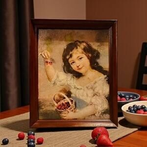 Vintage Print-Girl w Cherries-Victorian Style-Wall Artwork-Framed-Portrait-Retro